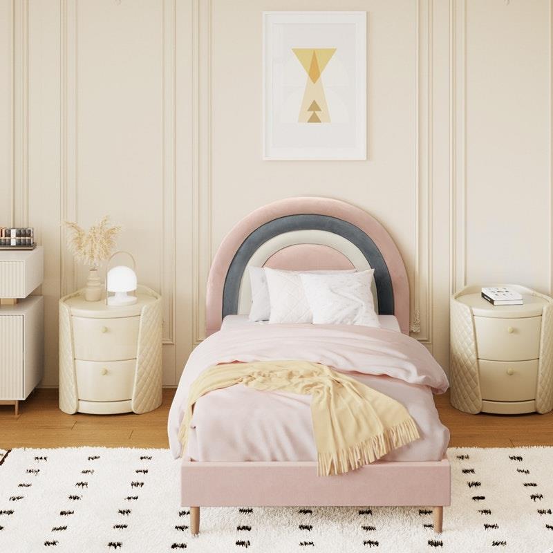 Oikiture Rainbow Kids Bed Frame - Single Size Velvet Pink