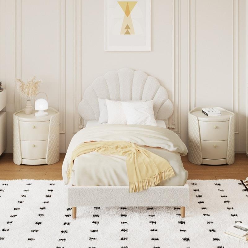 Oikiture Single Size Scallop-Shape Bed Frame with Boucle Upholstery - White-Auzzi Store