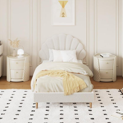 Oikiture Single Size Scallop-Shape Bed Frame with Boucle Upholstery - White-Auzzi Store