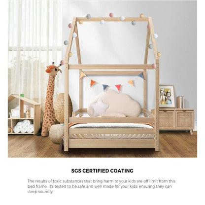 Oikiture Vela House Bed Frame for Kids - Wooden Timber Single