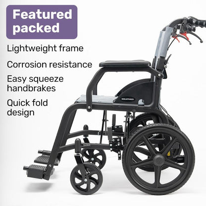 Equipmed Folding Transit Wheelchair Lightweight Grey - Smart Travel Companion