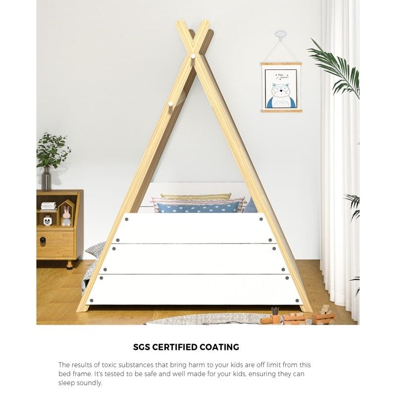 Oikiture Kids Canvas Teepee Bed Frame - Wooden Timber Platform for Imaginative Sleep