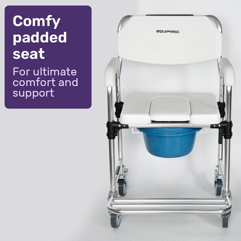 Equipmed Rolling Commode Shower Chair with Wheels - White & Blue