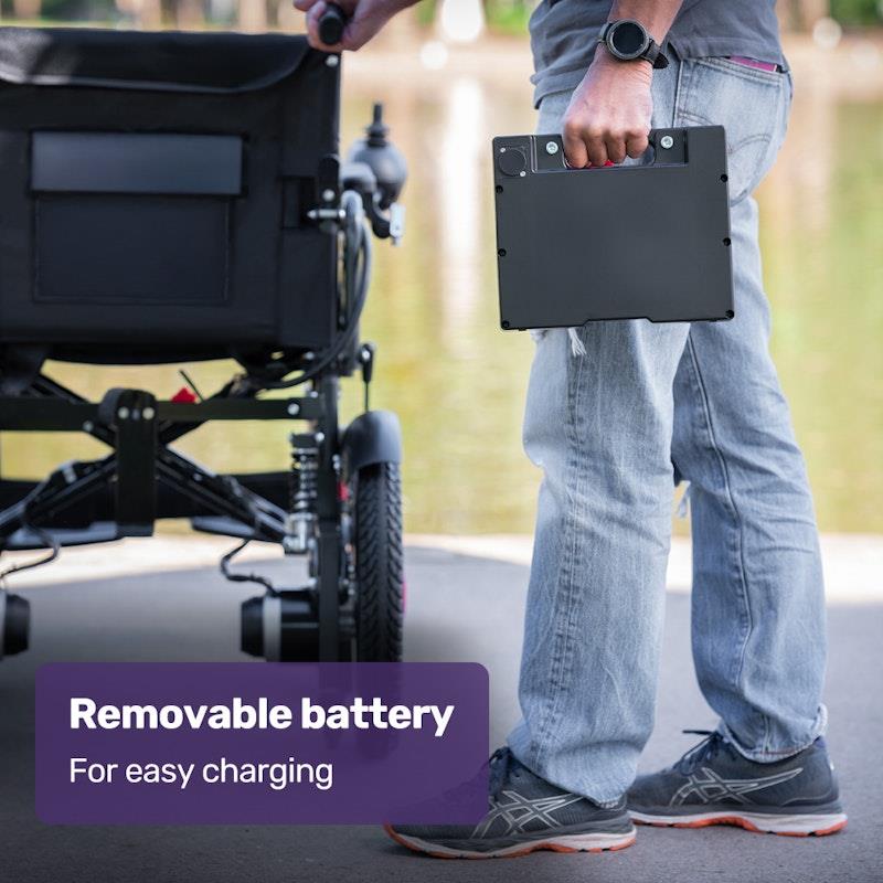 Equipmed Electric Folding Wheelchair - Wide Bariatric Seat, Comfortable for S-XL, Long Range Lithium Battery - Black