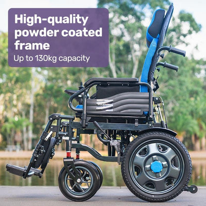 Equipmed Power Electric Wheelchair - Longrange for S-XL (16" Wheels, Black & Blue)
