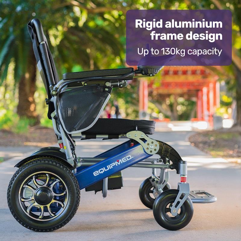 Equipmed Power Electric Wheelchair - Long Range, Airline Approved, Folding, Aluminium Frame - Blue