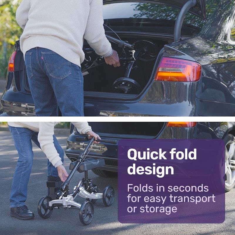 Equipmed Premium Knee Scooter Walker with Disc Brake & Suspension Bag - Silver