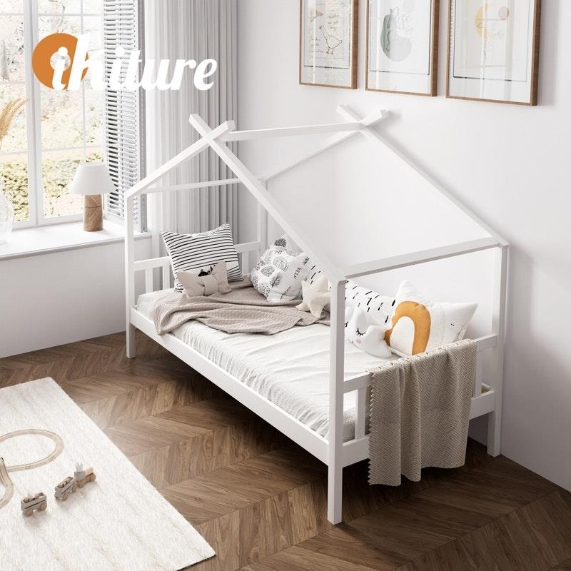 Oikiture Kids Bed Frame - Wooden Base Single Timber House Beds (White)