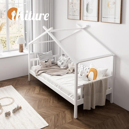 Oikiture Kids Bed Frame - Wooden Base Single Timber House Beds (White)