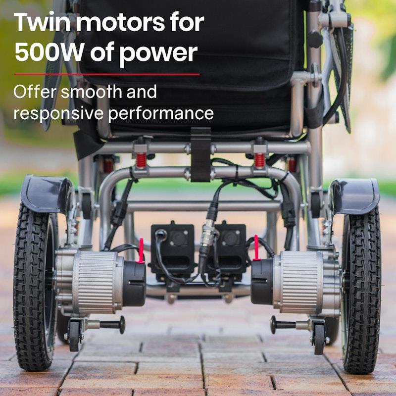 Equipmed Power Electric Wheelchair - Airline Approved, Lightweight, Folding, Long Range - Black & Silver