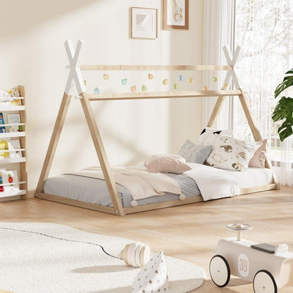 Oikiture Kids King Single Bed Frame - Wooden Timber Teepee House Design