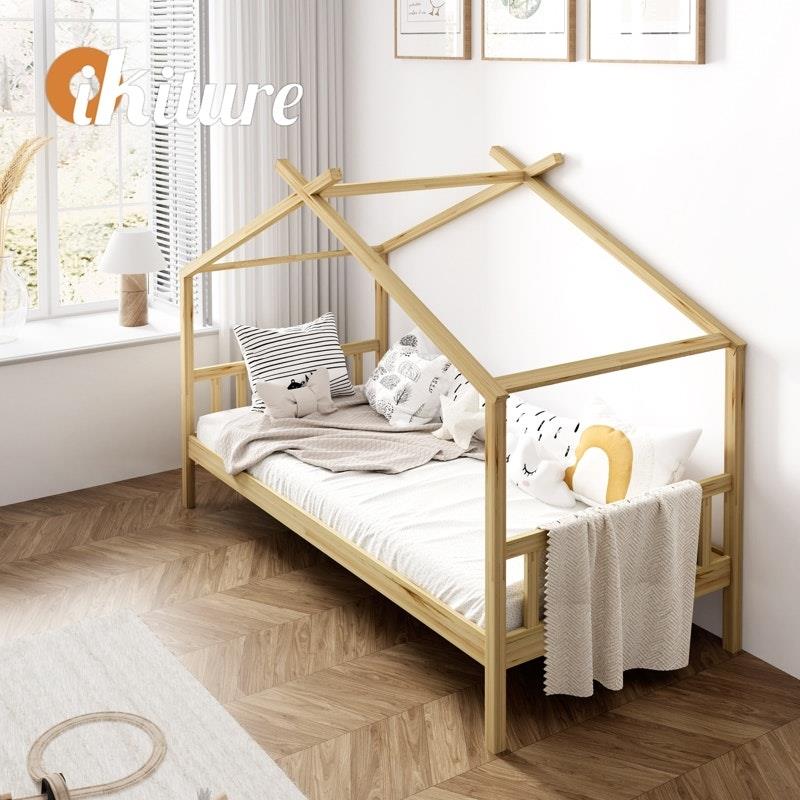Oikiture Kids Single Bed Frame - Wooden Timber House Design for Imaginative Play