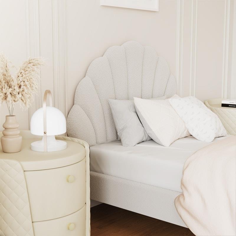 Oikiture Single Size Scallop-Shape Bed Frame with Boucle Upholstery - White-Auzzi Store