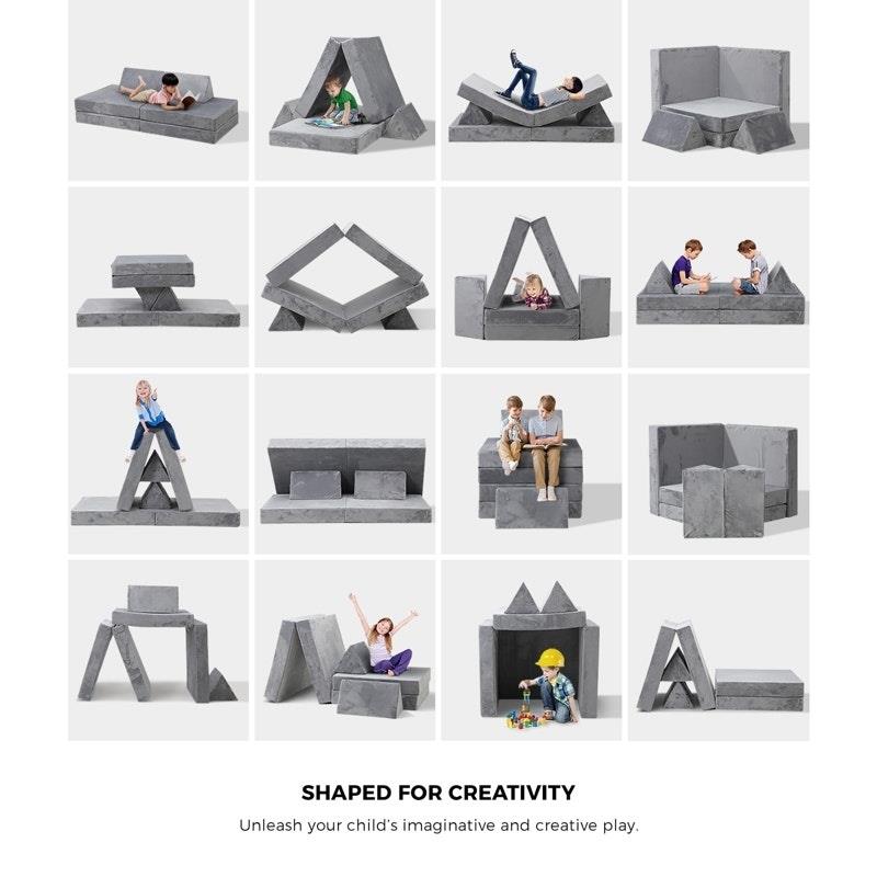 Oikiture Kids Sofa Play Couch Modular Lounge Cushion Convertible Playset - Grey (4 Pieces)
