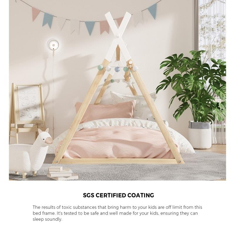 Oikiture Kids King Single Bed Frame - Wooden Timber Teepee House Design