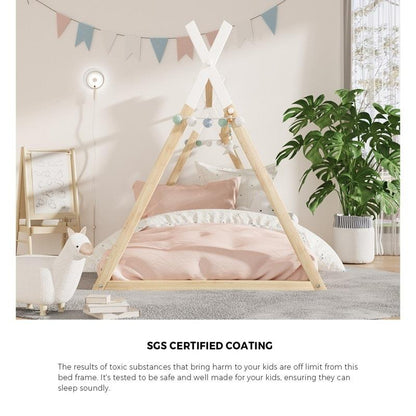 Oikiture Kids King Single Bed Frame - Wooden Timber Teepee House Design