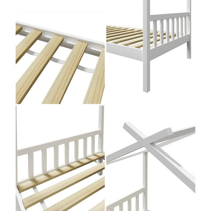 Oikiture Kids Bed Frame - Wooden Base Single Timber House Beds (White)