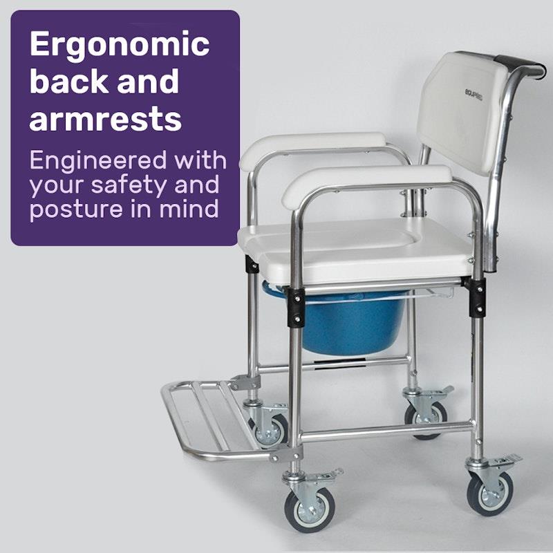 Equipmed Rolling Commode Shower Chair with Wheels - White & Blue