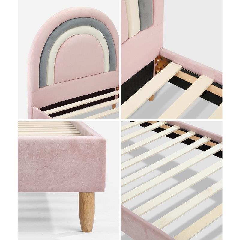 Oikiture Rainbow Kids Bed Frame - Single Size Velvet Pink