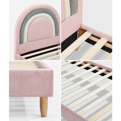Oikiture Rainbow Kids Bed Frame - Single Size Velvet Pink