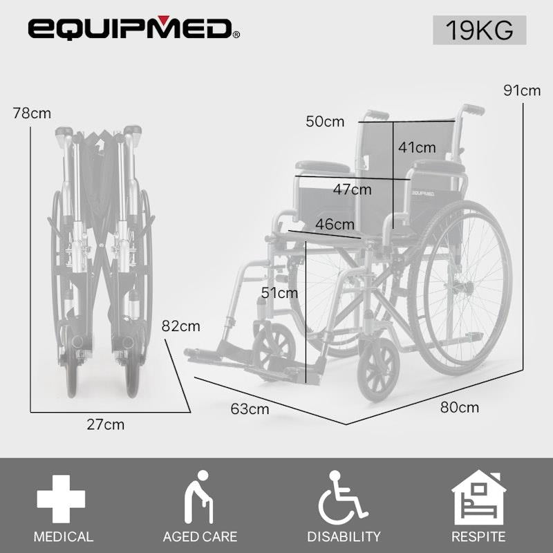 Equipmed 24 Inch Folding Wheelchair with Park Brakes - Grey
