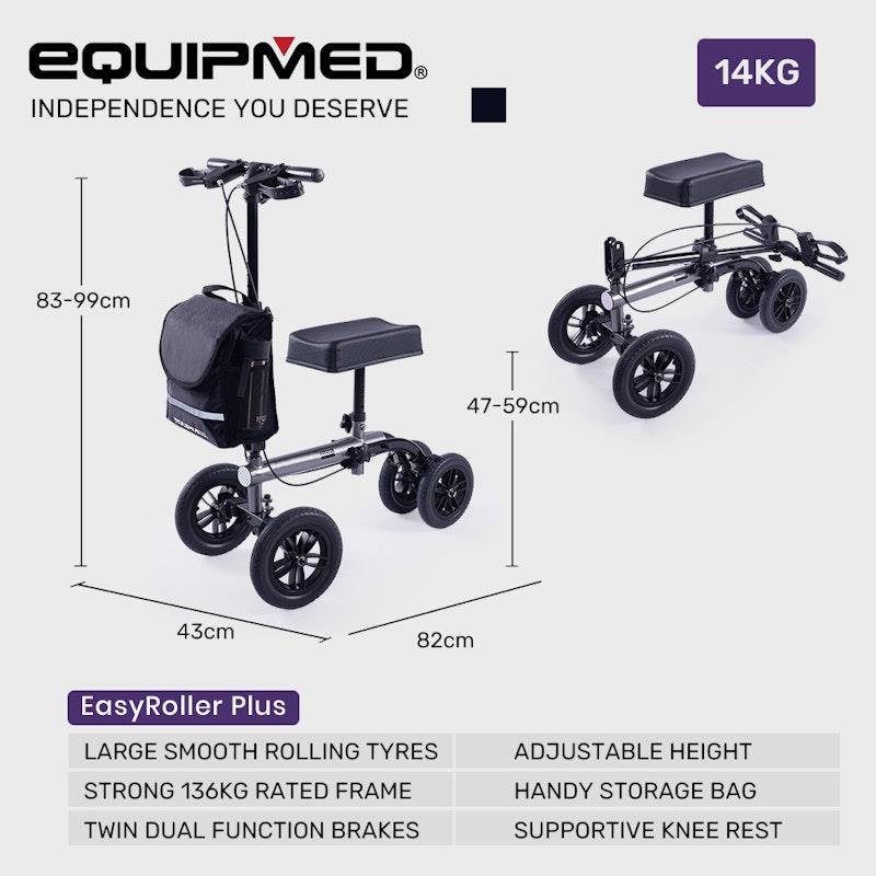 Equipmed Knee Scooter Walker with 10 Inch Tyres & Dual Brakes - Titanium Colour