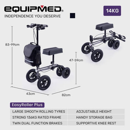 Equipmed Knee Scooter Walker with 10 Inch Tyres & Dual Brakes - Titanium Colour