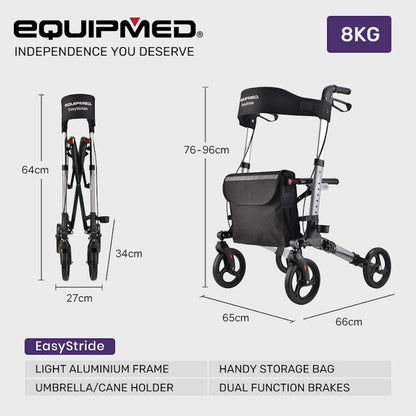 Equipmed Easy Stride Foldable Aluminium Walking Frame Rollator - Silver