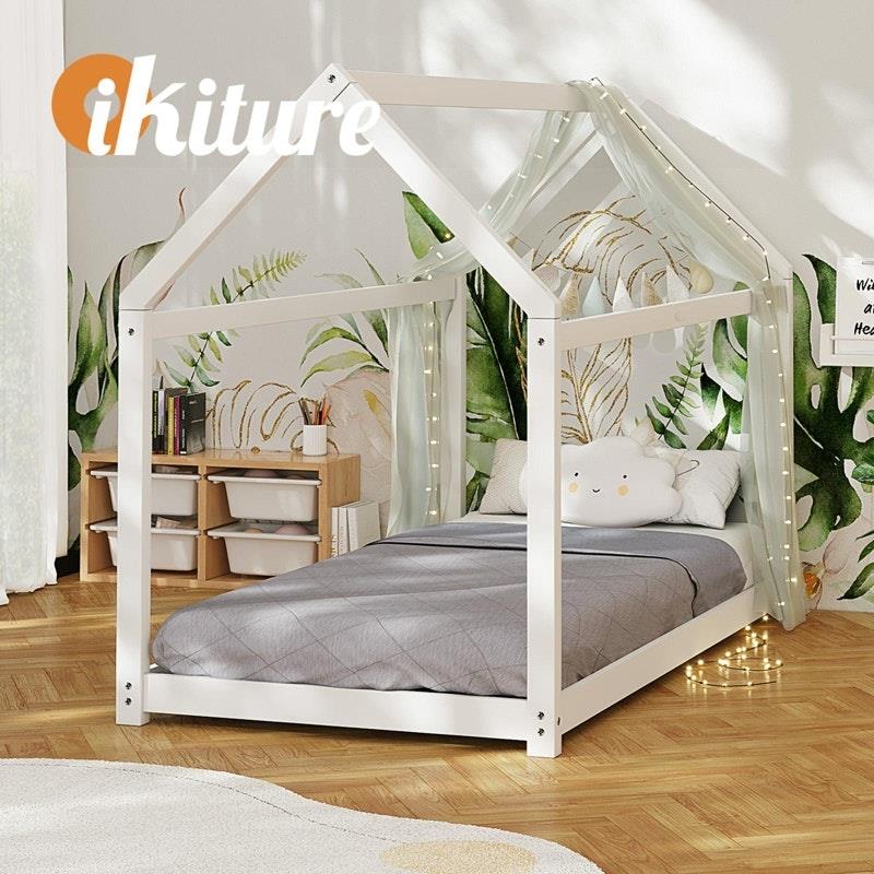 Oikiture Bed Frame - Single Wooden Timber House Style (White)