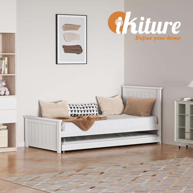 Oikiture Trundle Bed Frame Single Size - Space-Saving Wooden Daybed in White