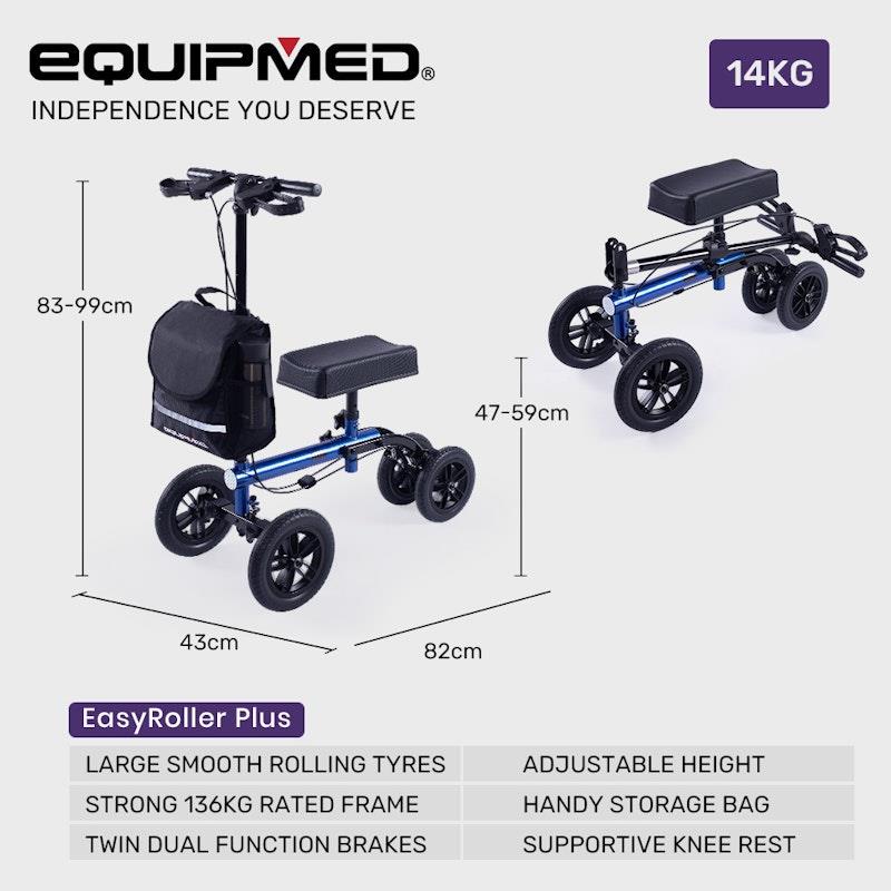 Equipmed Knee Scooter Walker with 10 Inch Tyres & Dual Brakes - Blue
