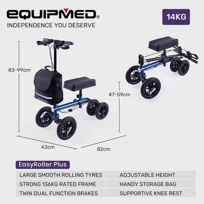 Equipmed Knee Scooter Walker with 10 Inch Tyres & Dual Brakes - Blue