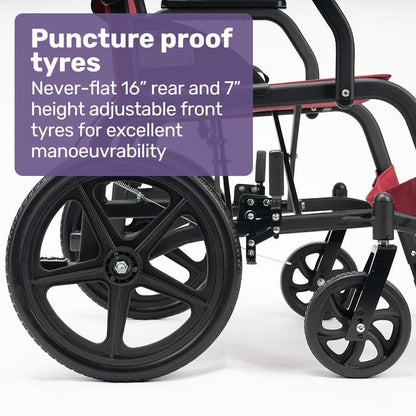 Equipmed Folding Transit Wheelchair Lightweight Red - Your Reliable Travel Partner