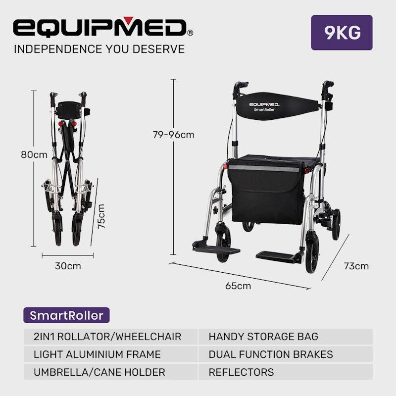 Equipmed SmartRoller 2-in-1 Foldable Aluminium Walking Frame Rollator - Silver