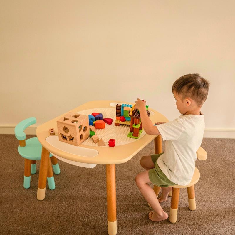 Riababy Play&Learn Activity Table Set with Adjustable Legs - Lego Duplo Compatible in Warm Beige