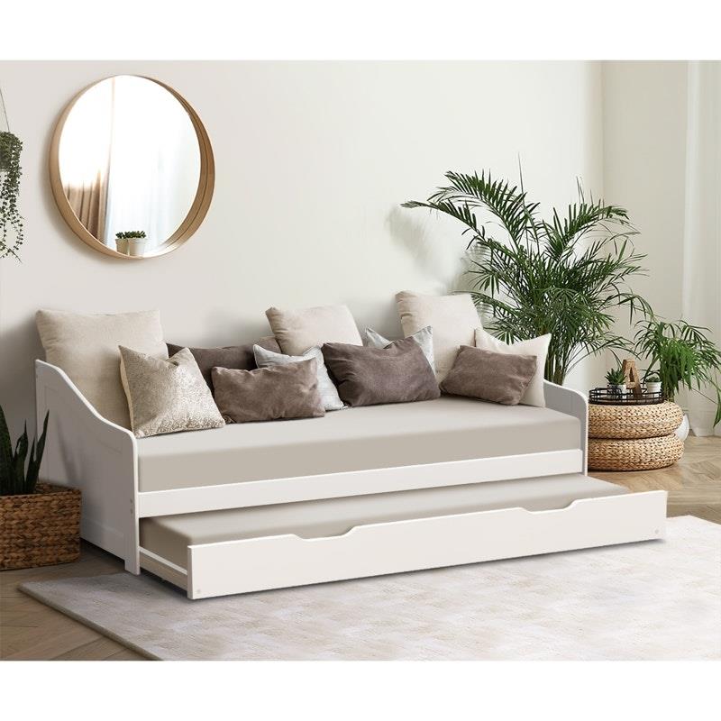 Oikiture Trundle Bed Frame - Daybed Single Size Base Timber Wooden Beds x2 - White