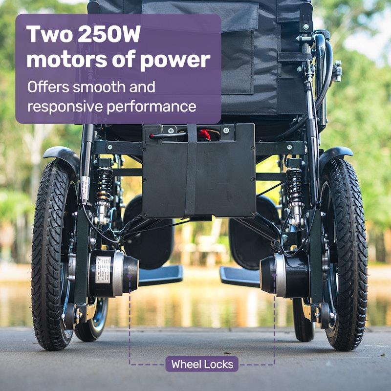 Equipmed Power Electric Wheelchair - Longrange for S-XL (16" Wheels, Black & Blue)