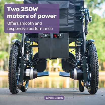 Equipmed Power Electric Wheelchair - Longrange for S-XL (16" Wheels, Black & Blue)