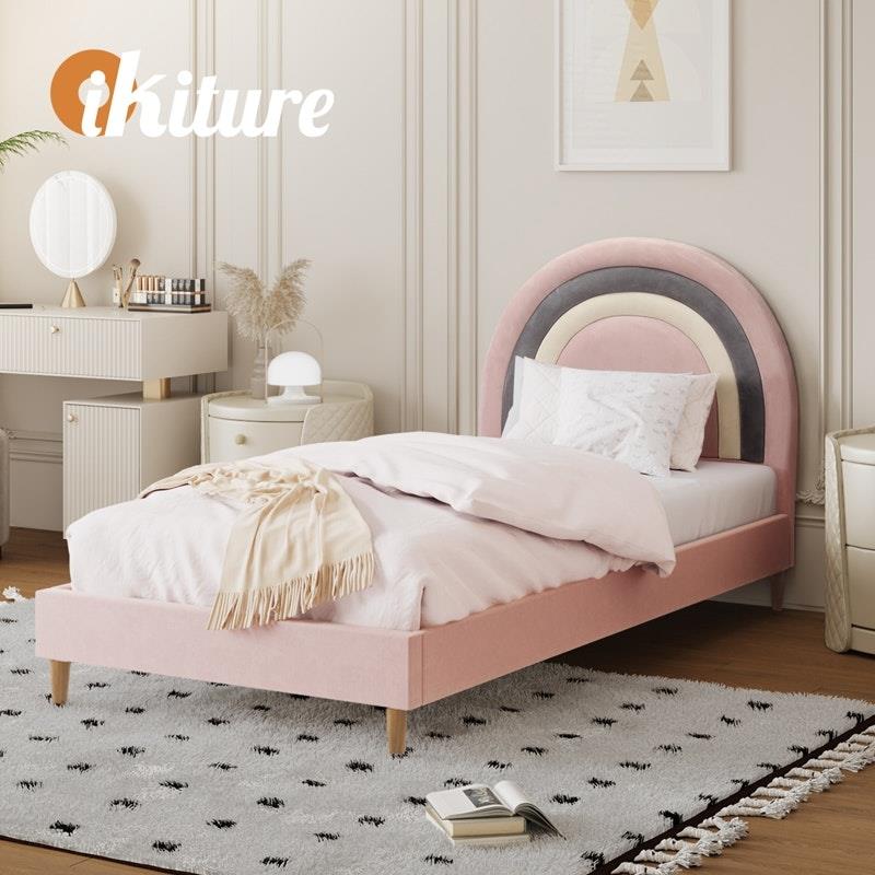 Oikiture Rainbow Kids Bed Frame - Single Size Velvet Pink