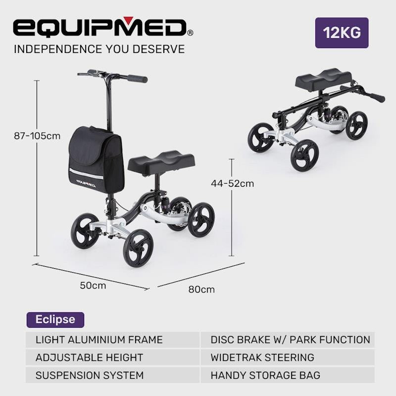 Equipmed Premium Knee Scooter Walker with Disc Brake & Suspension Bag - Silver