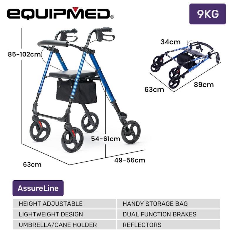 Equipmed 4 Wheel Lightweight Rollator Walker - Blue