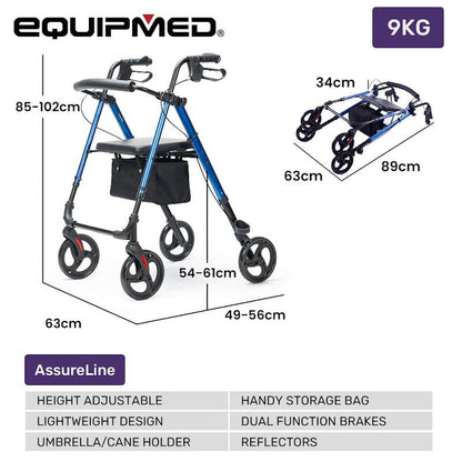 Equipmed 4 Wheel Lightweight Rollator Walker - Blue