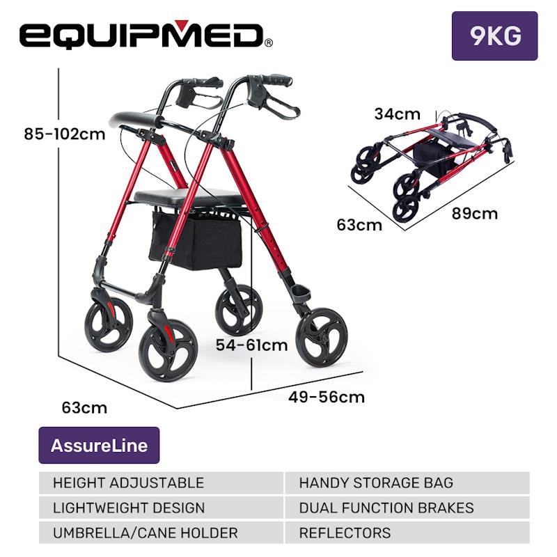 Equipmed 4 Wheel Lightweight Rollator Walker - Red