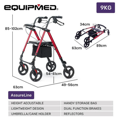 Equipmed 4 Wheel Lightweight Rollator Walker - Red