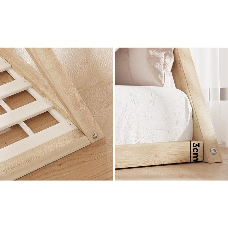 Oikiture Kids King Single Bed Frame - Wooden Timber Teepee House Design
