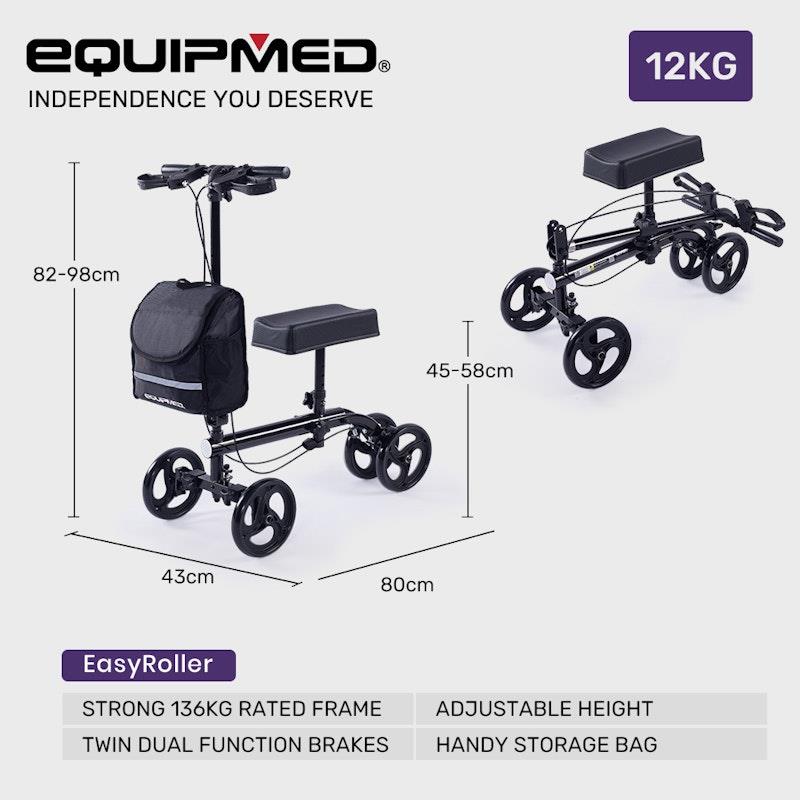 Equipmed Knee Scooter Walker with Dual Brakes & Bag - Black