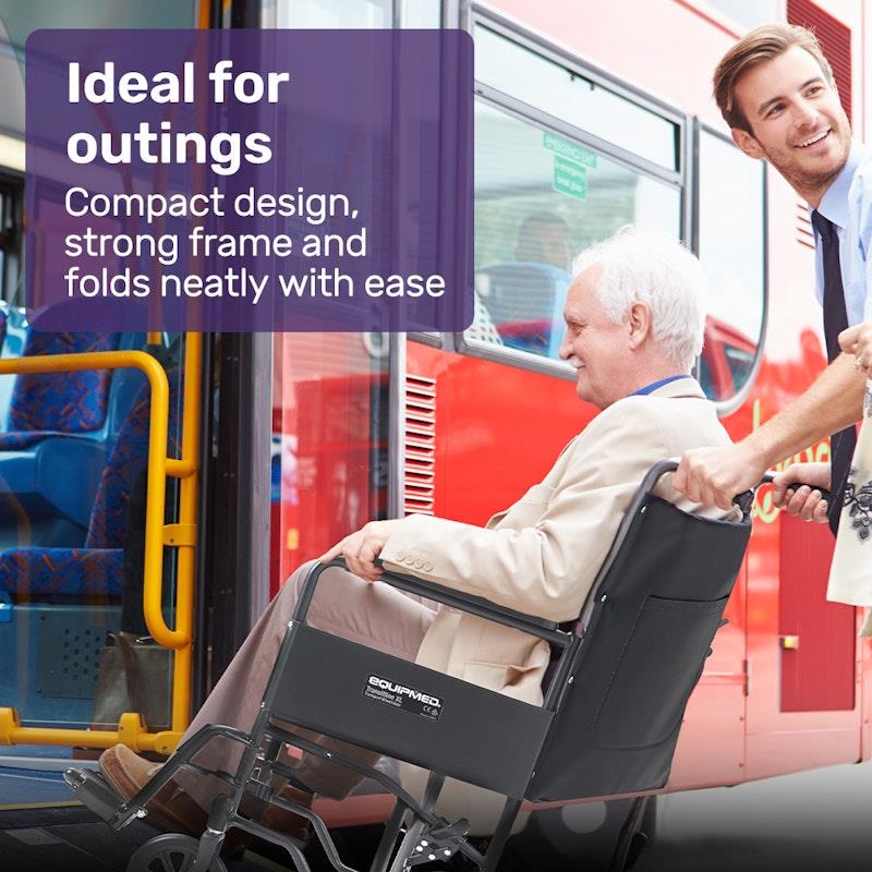 Equipmed Folding Transit Manual Wheelchair For S-XL Black - Comfort and Convenience