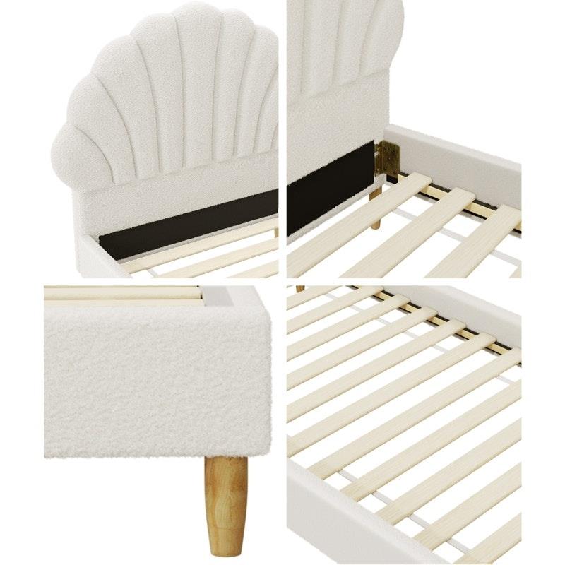 Oikiture Single Size Scallop-Shape Bed Frame with Boucle Upholstery - White-Auzzi Store