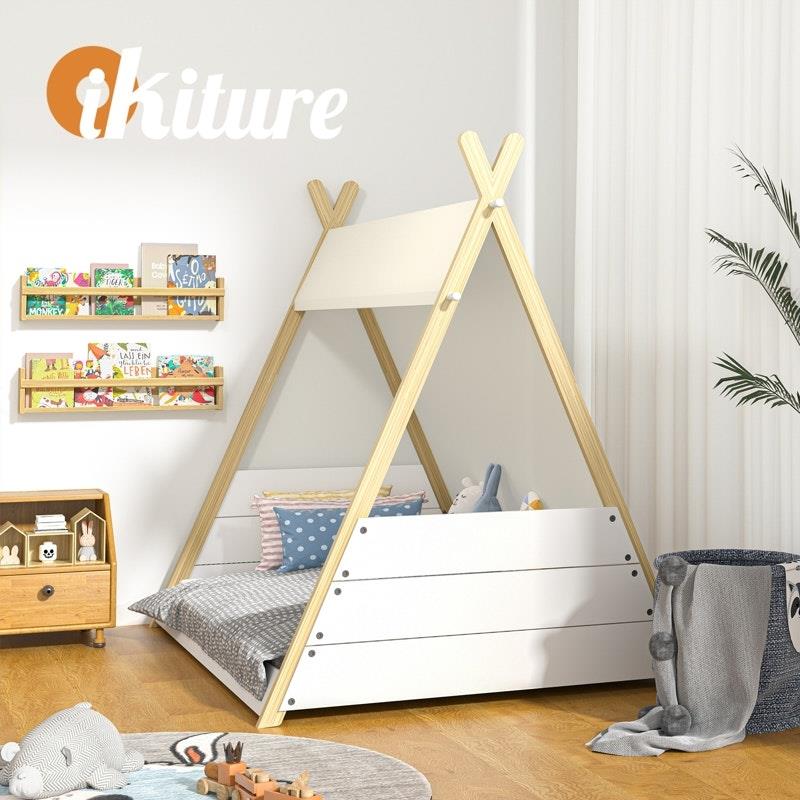Oikiture Kids Canvas Teepee Bed Frame - Wooden Timber Platform for Imaginative Sleep