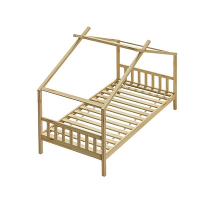 Oikiture Kids Single Bed Frame - Wooden Timber House Design for Imaginative Play